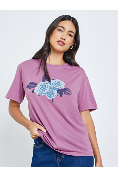Styli Purple Floral Print Regular Fit T-Shirt