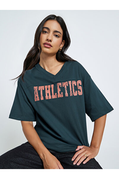 Styli Navy Oversized Athletics Print Cotton T-Shirt