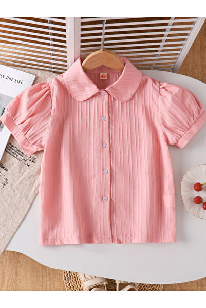 Take Two By Styli Girls Pink Textured Puff Sleeve Shirt