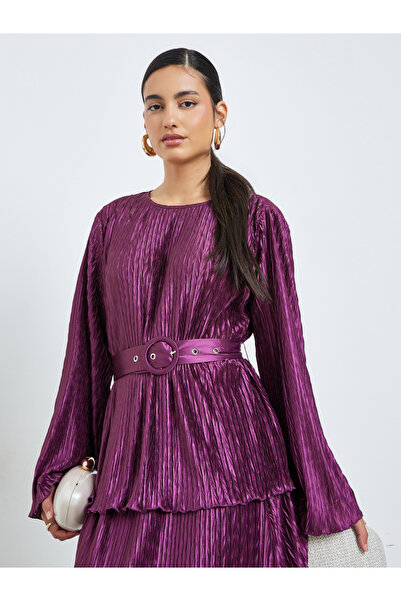 Styli Purple Plisse Blouse with Belt