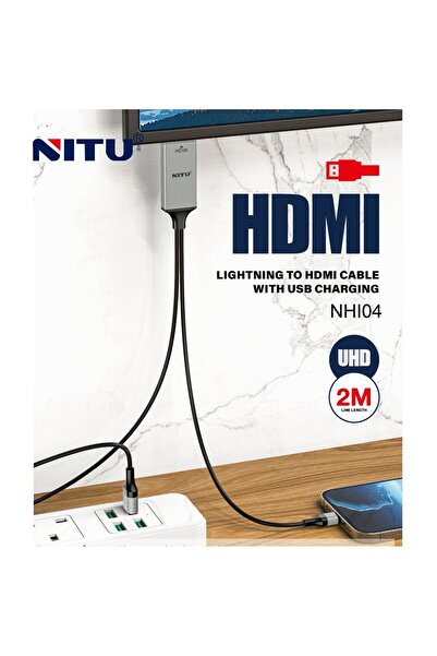 NITU كابل HDMI بطول 2 متر، محول تلفزيون عالي الوضوح، كابل AV (من Lightning/Mi...