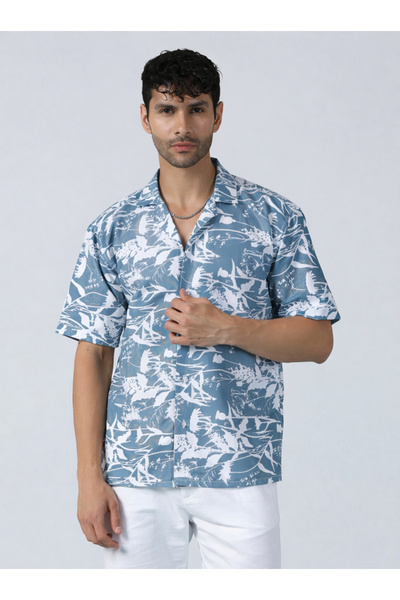 TAHVO By Styli Men Grey Tropical Print Short Sleeve Shirt