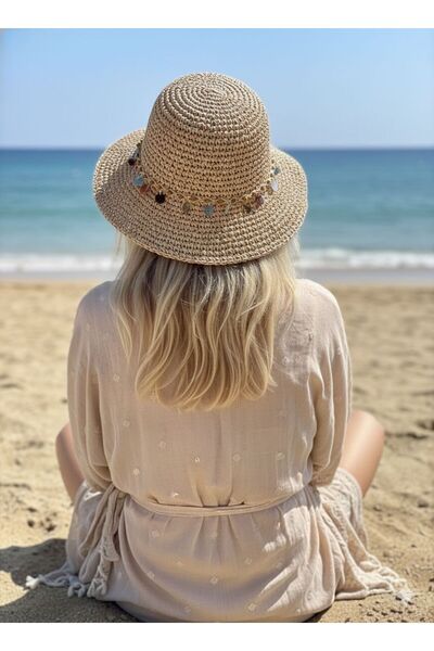 Trend Şapka 19025 Ψάθινο καπέλο πλεκτό στο χέρι με λεπτομέρειες από χάντρες σ...
