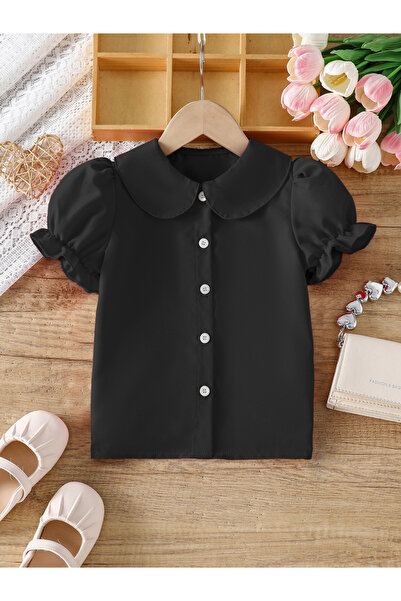 Take Two By Styli Girls Black Peter Pan Collar Puff Sleeve Shirt