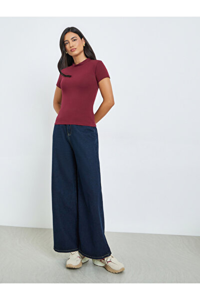 Styli Burgundy Cotton Stretch Fitted T-Shirt