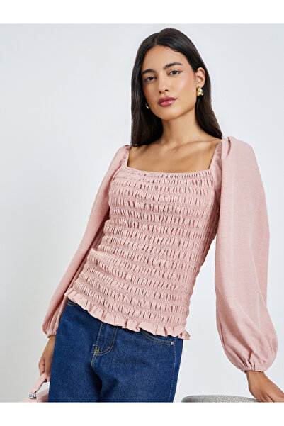 Styli Pink Smocked Detail Balloon Sleeve Blouse