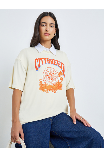 Styli Cream City Breeze Graphic Oversized T-Shirt