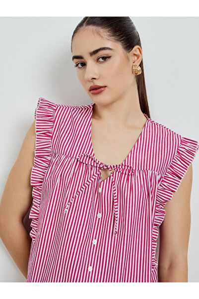 Styli Red Striped Sleeveless Blouse with Tie Detail