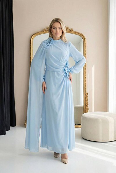 hakimoda Banu Çi̇çek Chiffon Evening Dress Sky Blue
