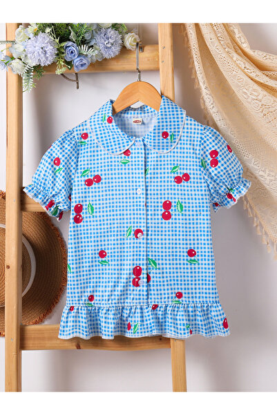 Take Two By Styli Girls Blue Checked Shirt with Peter Pan Collar