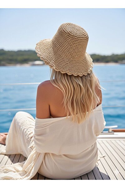 Trend Şapka 14596-1 Χειροποίητο πλεκτό μπεζ ψάθινο καπέλο