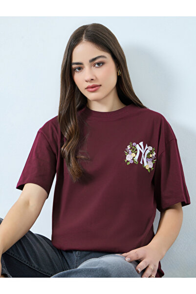 Styli Burgundy Embroidered Cotton Oversized T-Shirt