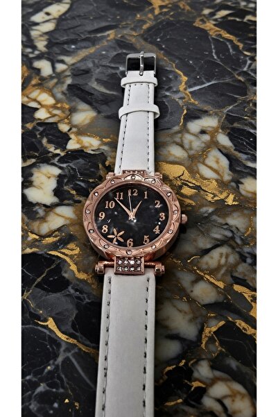 ahsenaksesuar2025 Taşlı Rose Gold Renk Beyaz Deri Kordonlu Siyah Kadran Şık V...