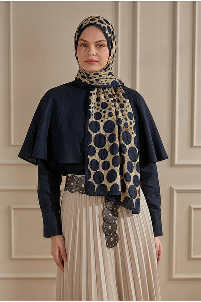 SilkTouch Navy Blue Beige Polka Dot Transition Patterned Kraş Shawl
