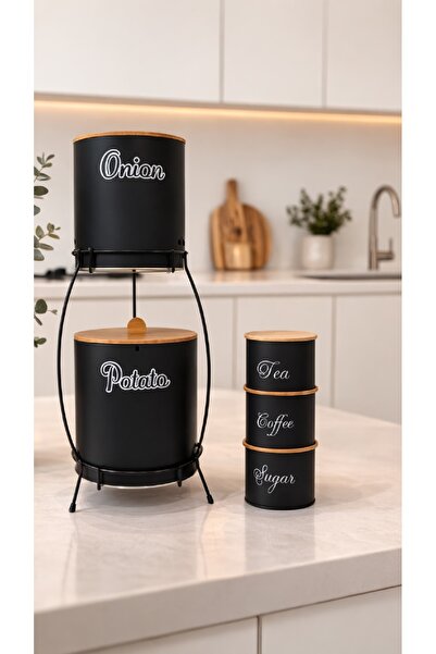 decorev Standlı Patates Soğan Saklama Kovası ve Bambu Kapaklı Çay Kahve Şeker...
