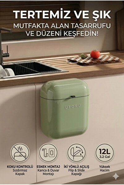 Playtronik 12L Askılı Yapışkanlı Mutfak Çöp Kovası - Kapaklı Tezgah Üstü Kova...