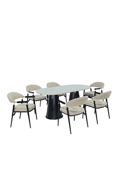 VETROWOOD Ada Yemek Masası Takımı 90 X 180 cm Silves (Krem) Mermer Desen - Si...