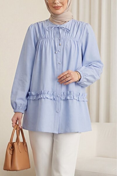 Modamorfo Robadan Elastic Skirt with Ruffles and Buttons Poplin Tunic - Blue