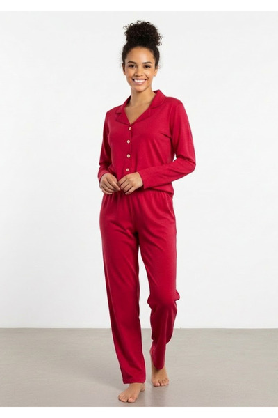Wogi Kırmızı Önden Düğmeli Süprem Uzun Kollu Pijama Takımı