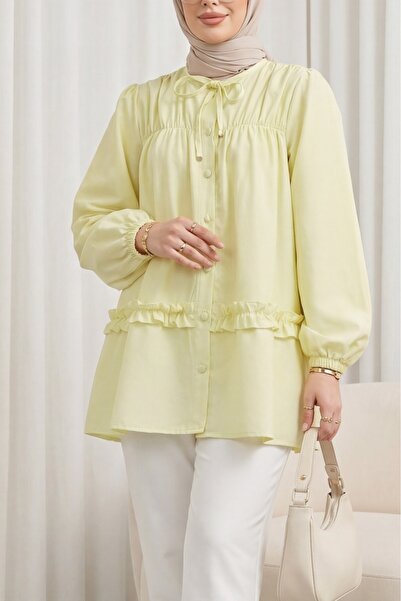 Modamorfo Robadan Elastic Skirt with Ruffles and Buttons Poplin Tunic - Yellow