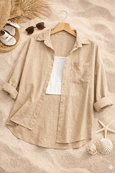 İnazuma Outdoors Women's Linen Beige Shirt Summer Oversized Shirt New Season