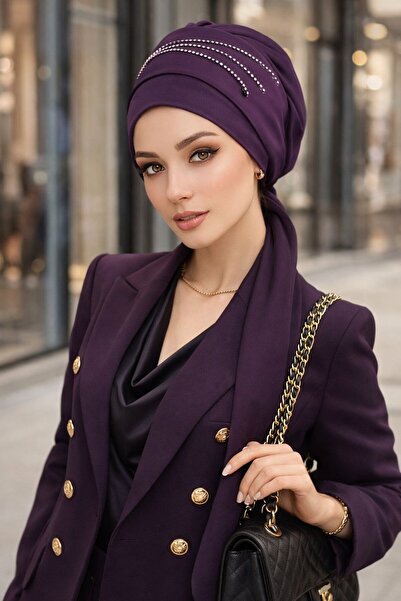 Aişe tesettür Βραδινό Φόρεμα με Πέτρες Δαμασκηνί Με κασκόλ Bone