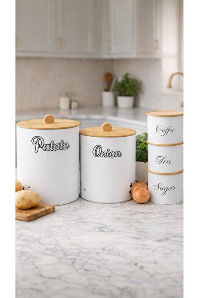 decorev Bambu Kapaklı Metal Mutfak Saklama Kavanozu Seti – Patates, Soğan ve ...