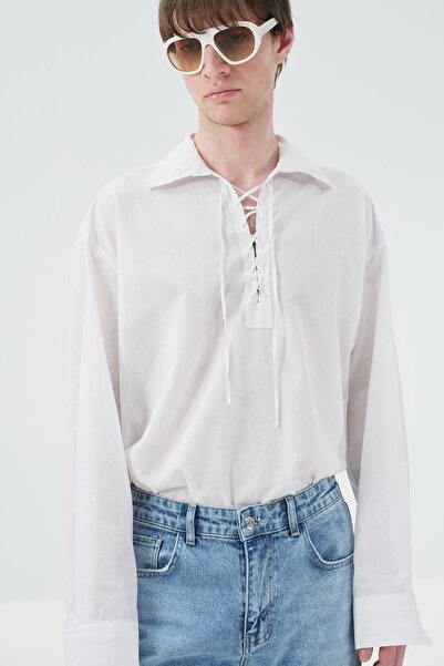 GIESTO Yakasi İple D Drapey White Voile Shirt