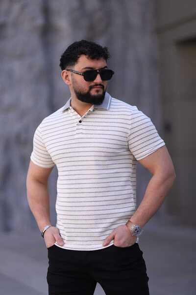 L-KOM Men's Polo Neck Striped Knitwear T-shirt