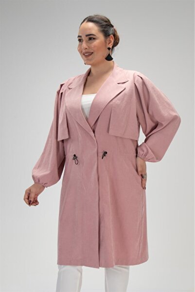 Roxxlen Women's Plus Size 121774 Jacket Collar Trench Coat Powder