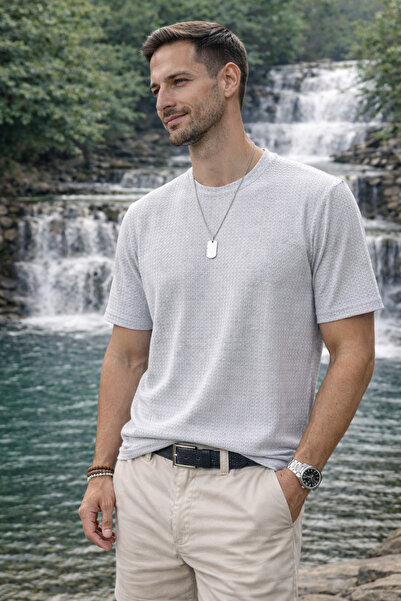 Maccali Men's Casual Textured Short Sleeve Gray Linen T-Shirt