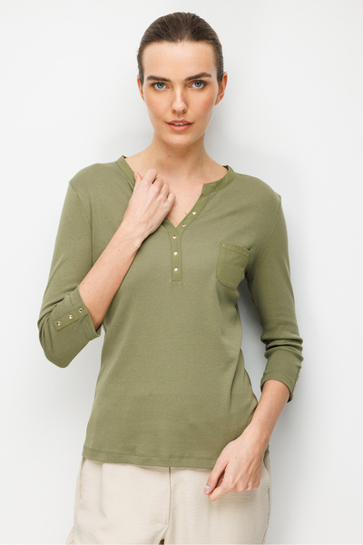 Desen Triko Women's Open Collar, Metal Buttoned Sleeves, Cotton Piece Combed ...