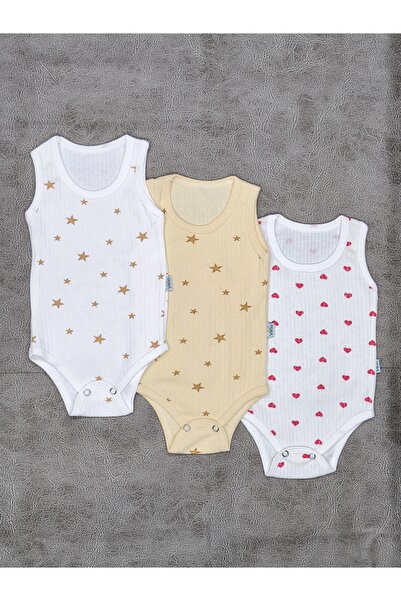 vieso 3'lü %100 Organik Pamuk Yıldız Desenli Kolsuz Çıtçıtlı Bebek Body Atlet