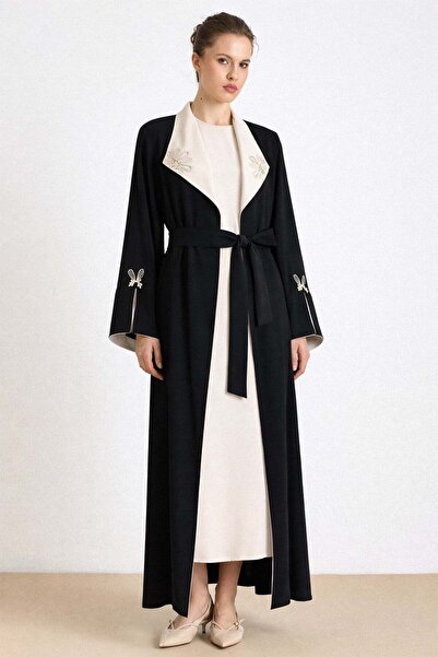 Olcay Garni and Stone Detailed Bat Sleeve Abaya Set Black 9425-Tk