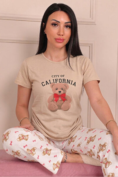 Niket Life Γυναικείο σετ πιτζάμες με κοντό μανίκι California Slogan Teddy Bea...