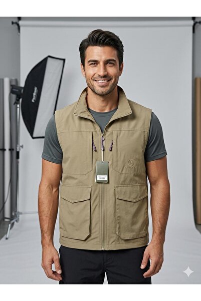 barozzi Erkek Bej-krem Renk Outdoor Softshell Su Geçirmez Kargo Cepli Yelek S...