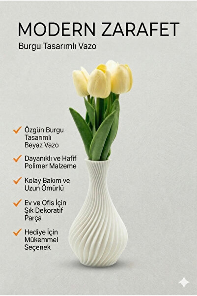 BERA3D Modern 3D Baskı Çiçek Vazosu / Beyaz Burgu Desenli Şık Dekoratif Vazo