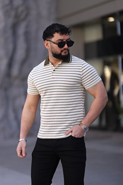 L-KOM Ανδρικό πλεκτό μπλουζάκι Polo Neck Ριγέ