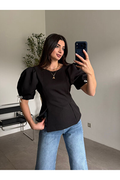 My Blog Bluză neagră cu mâneci și fundă cu perle - 5001