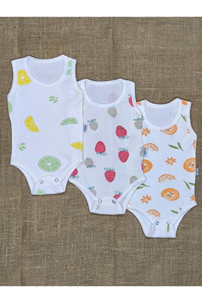 vieso 3'lü %100 Organik Pamuk Meyve Desenli Kolsuz Çıtçıtlı Bebek Body Atlet