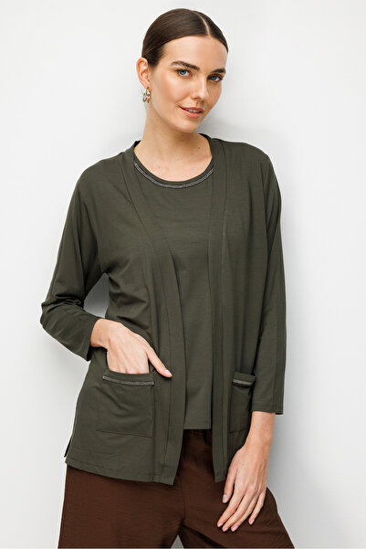 Desen Triko Women's V-Neck Collar and Pocket Chain Combed Cotton Cardigan 267...