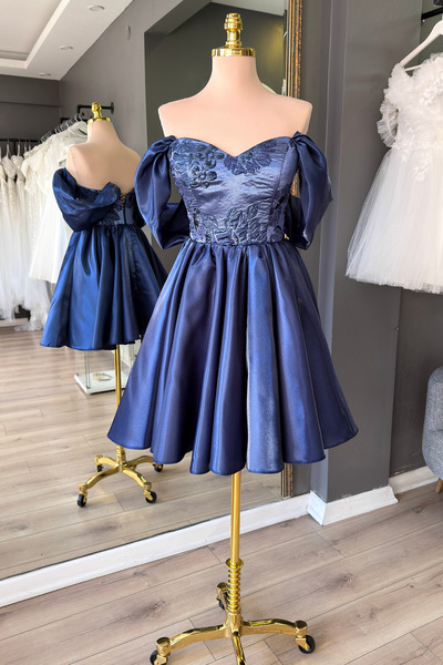 Lenta Moda Lacivert Brokar Büstiyer Detaylı Mini Saten Abiye ve Gece Elbisesi