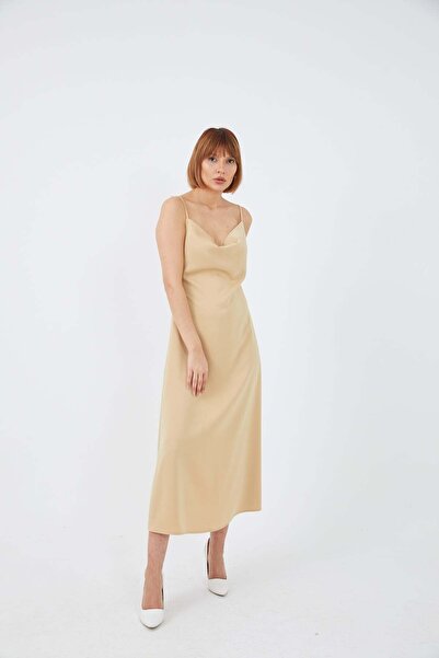 zenne Drape Collar Strap Satin Dress Gold Yellow