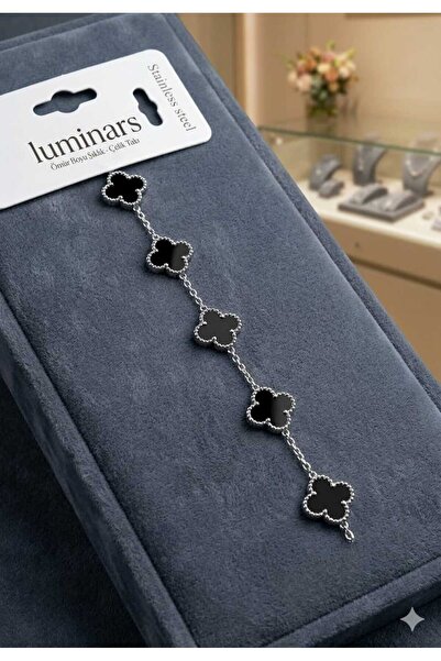 Luminars Black Five-Leaf Silver Color Clover Necklace
