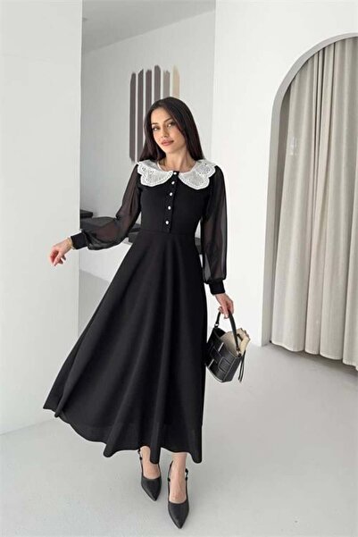 Dipmoda Γυναικείο μαύρο φόρεμα με λεπτομέρεια από ύφασμα Κρεπ και κουμπιά Δαν...