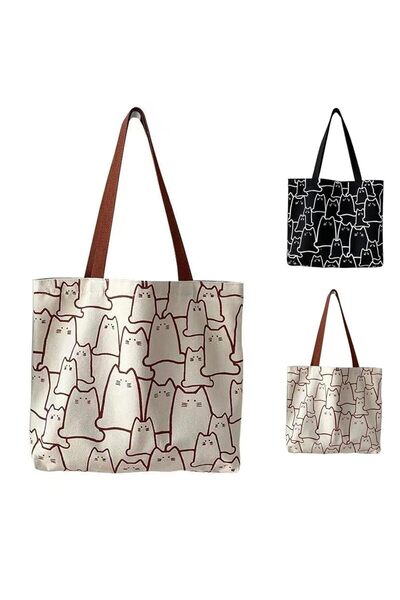 Arabest 2PCS Cat Cotton Canvas Tote Bag, Tote Bag With Zip, Canvas Bag,Reusab...