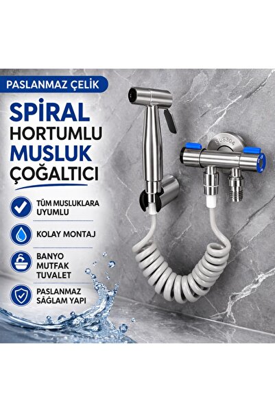 Polham Paslanmaz Çelik Spiral Hortumlu Musluk Çoğaltıcı – Çift Çıkışlı, Sprey...