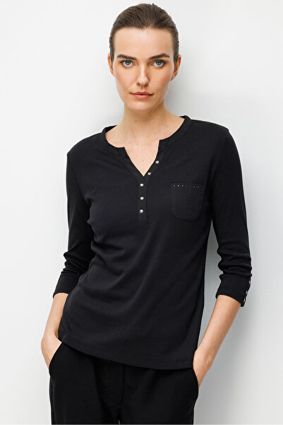 Desen Triko Γυναικεία μπλούζα με ανοιχτό γιακά, μεταλλικά κουμπιά στα άκρα τω...