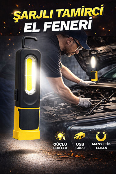 Badem10 Şarjlı Tamirci El Feneri Type C USB Güçlü Led El Feneri Kamp Araba Ta...