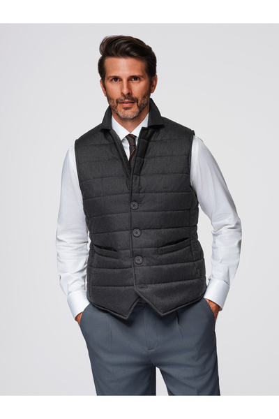 OMBRE Men's Elegant Quilted Vest OM-JAVJ-0275 Dark grey melange